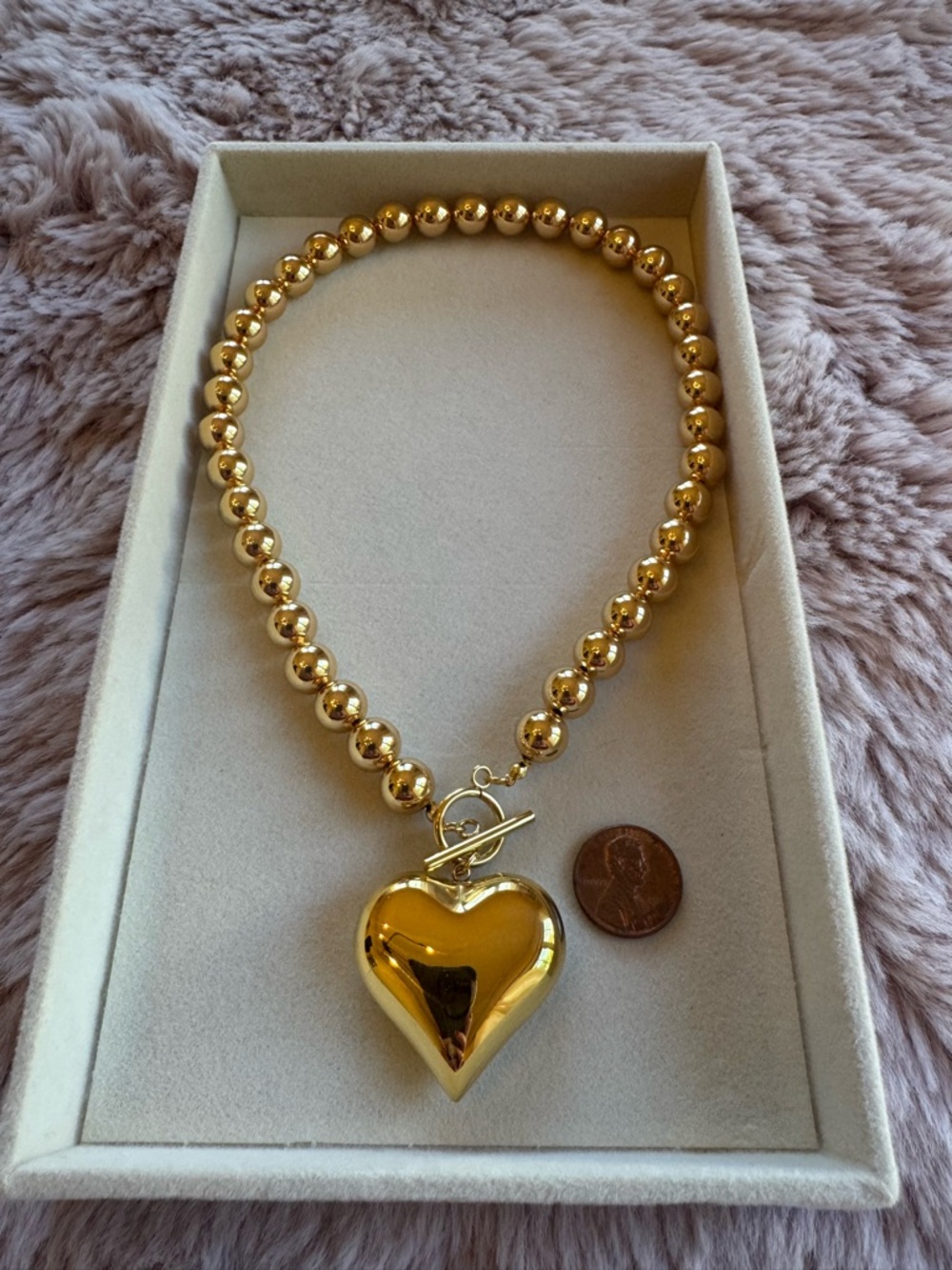 Gold Beaded Necklace with Puffy Heart Pendant
